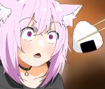  1girl absurdres animal_ear_fluff animal_ears black_collar black_sweater cat_ears cat_girl chopsticks collar commentary constricted_pupils food highres hololive nekomata_okayu nekomata_okayu_(1st_costume) onigiri photo-referenced pink_hair portrait purple_eyes solo sweater uraya_nagi virtual_youtuber 