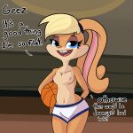  2021 absurd_res anthro athletic athletic_anthro athletic_female ball basketball_(ball) blonde_hair blue_eyes bottomwear breasts buckteeth chest_tuft clothed clothing collarbone dialogue digital_media_(artwork) english_text eyelashes female fur hair half-closed_eyes hi_res lagomorph leporid lola_bunny long_ears looney_tunes mammal narrowed_eyes navel nipples open_mouth open_smile pink_inner_ear pink_nipples rabbit smile solo space_jam tan_body tan_fur teeth text tjpones topless tuft warner_brothers 