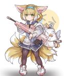  1girl animal_ear_fluff animal_ears arknights backpack bag black_pantyhose blonde_hair blue_archive blue_hairband blue_sailor_collar blue_skirt blush braid cardigan character_backpack closed_mouth commentary cosplay cuddz english_commentary fox_ears fox_girl fox_tail full_body green_eyes hairband hifumi_(blue_archive) hifumi_(blue_archive)_(cosplay) highres holding holding_weapon hondo_kaede kitsune kyuubi long_sleeves miniskirt multicolored_hair multiple_tails pantyhose peroro_(blue_archive) puffy_long_sleeves puffy_sleeves sailor_collar shoes skirt sneakers solo standing suzuran_(arknights) tail twin_braids two-tone_hair voice_actor_connection weapon white_cardigan white_footwear white_hair 