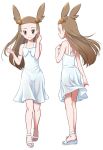  1girl bare_arms bow brown_hair clenched_hand collarbone commentary_request dress eyelashes grey_eyes hair_bobbles hair_ornament hand_up jasmine_(pokemon) kneepits knees long_hair looking_at_viewer multiple_views parted_lips pokemon pokemon_(game) pokemon_gsc saitou_teikoku shoulder_blades simple_background sleeveless sleeveless_dress smile toes two_side_up white_background white_bow white_dress 
