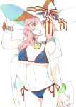  1girl animal_ear_fluff animal_ears bangle bikini blue_bikini bow bracelet breasts ears_through_headwear fate/grand_order fate_(series) fox_ears fox_tail hat hat_bow highres jewelry large_breasts looking_at_viewer necklace open_mouth orange_eyes pink_hair side-tie_bikini_bottom simple_background solo sun_hat swimsuit tail tamamo_(fate) tamamo_no_mae_(swimsuit_lancer)_(fate) uotsu_(sabakou) white_background 