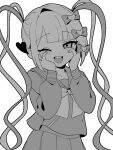  1girl :d akahito_(akaironotanin) blunt_bangs bow chouzetsusaikawa_tenshi-chan greyscale hair_bow hair_ornament hands_on_own_face hands_up heart heart_hair_ornament highres long_hair long_sleeves looking_at_viewer monochrome multiple_hair_bows needy_girl_overdose one_eye_closed open_mouth pleated_skirt quad_tails sailor_collar school_uniform serafuku shirt simple_background skirt smile solo standing twintails very_long_hair white_background 