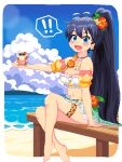  ! !! 1girl :d animal animal_on_hand antenna_hair arm_at_side barefoot beach black_hair blue_eyes blush blush_stickers breasts cleavage cloud collarbone commentary dithering earrings fang flower frilled_tube_top frills ganaha_hibiki gradient_sky green_skirt hair_between_eyes hair_flower hair_ornament halterneck hamster hamuzou hands_on_ground hibiscus high_ponytail highres holding holding_animal horizon hotshosho idolmaster idolmaster_(classic) innertube jewelry knee_up long_hair looking_at_viewer midriff miniskirt navel necklace ocean open_mouth outdoors outside_border outstretched_arm pixel_art pleated_skirt ponytail porch raised_eyebrows red_flower sand sitting skirt sky smile solo speech_bubble strapless sunglasses thigh_strap toes tube_top very_long_hair water white_flower white_tube_top yellow_flower 