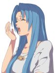  1girl ancient_ys_vanished blue_background blue_hair border chiharu_(9654784) closed_eyes collarbone commentary_request curtained_hair feena_(ys) highres jewelry long_hair necklace open_mouth portrait sidelocks simple_background solo tears teeth upper_body white_background white_border yawning ys 