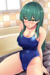  1girl absurdres arm_support arms_behind_back ass_visible_through_thighs bathroom bathtub blue_one-piece_swimsuit blush breasts cameltoe cleavage collarbone commentary_request competition_school_swimsuit covered_navel cowboy_shot green_eyes groin hair_between_eyes highleg highleg_swimsuit highres indoors invisible_chair large_breasts long_hair looking_at_viewer narrow_waist on_floor one-piece_swimsuit original parted_lips school_swimsuit shiny_clothes sideboob sidelocks sitting skindentation smile solo spread_legs straight_hair swimsuit taut_clothes taut_swimsuit terakoya thick_thighs thighs tile_wall tiles wide_hips window yellow_eyes 