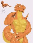  2023 abs absurd_res anthro biceps biped digital_media_(artwork) dragon dragon_mania_legends english_text eyebrows hi_res horn kogito male muscular muscular_anthro muscular_male open_mouth orange_body pecs solo tail text wingless_dragon yellow_body 