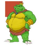  2012 anthro belly belt big_belly bottomwear canson cape chubby_anthro chubby_male claws clothed clothing crocodilian crown cuff_(restraint) donkey_kong_(series) headgear king_k._rool kremling male mouth_closed narrowed_eyes navel nintendo nipples overweight overweight_anthro overweight_male reptile restraints scalie shackles skirt slightly_chubby smile solo standing toe_claws 