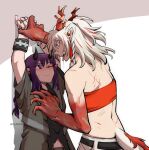  2girls :d arknights arms_up bandeau bare_shoulders black_shirt commentary dlanon english_commentary half_updo horns lava_(arknights) lava_the_purgatory_(arknights) medium_hair multicolored_hair multiple_girls nian_(arknights) one_eye_closed open_mouth pointy_ears purple_eyes purple_hair red_hair shirt smile strapless streaked_hair tail tube_top upper_body white_hair yuri 
