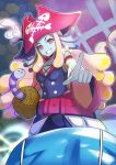  1girl blonde_hair blue_eyes blue_skin breasts cleavage colored_skin duel_monster fins gold_pride_-_captain_carrie hat head_fins highres hook_hand jay_b_098 long_hair long_sleeves pirate_hat pointing pointing_at_viewer puffy_sleeves red_eyes smile solo yellow_eyes yu-gi-oh! 