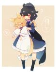  2girls :o ;d animal_ears ashiyu_(ashu-ashu) black_cape black_hair black_socks blonde_hair blue_dress blue_footwear blue_headwear blush cape commentary dress fox_ears fox_tail geta green_ribbon hat height_difference highres iizunamaru_megumu kudamaki_tsukasa lifting_person long_sleeves longcat_(meme) meme multiple_girls neck_ribbon one_eye_closed open_mouth red_eyes ribbon shoes short_hair smile socks spoken_x sweatdrop tail tengu-geta tokin_hat touhou white_footwear white_romper yellow_eyes 