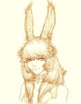  1girl absurdres animal_ears closed_mouth earrings final_fantasy final_fantasy_xiv highres jewelry large_ears long_hair looking_at_viewer messy_hair monochrome original pendant portrait rabbit_ears simple_background smile solo viera warrior_of_light_(ff14) yellow_background yellow_theme yuzero 