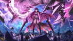  1girl armor bare_shoulders benghuai_xueyuan bow breasts copyright_name electricity floating full_body glowing glowing_eyes hair_bow highres honkai_(series) long_hair navel official_art purple_eyes purple_hair raiden_mei solo standing 
