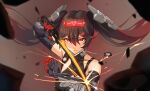  bare_shoulders black_hair closed_mouth fake_horns gradient_hair hair_between_eyes hair_ornament headgear highres holding holding_sword holding_weapon horns liyc long_hair lucia_(punishing:_gray_raven) mechanical_arms multicolored_hair punishing:_gray_raven red_eyes red_hair streaked_hair sword twintails weapon x_hair_ornament 