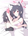  2girls 2o1_(nogarudo203) animal_ear_fluff animal_ears ayane_(blue_archive) bare_shoulders bed black_camisole black_hair blue_archive camisole cat_ears closed_eyes commentary_request cuddling hair_between_eyes halo hand_on_another&#039;s_head highres holding holding_phone hug long_hair multiple_girls parted_bangs parted_lips phone pillow pointy_ears purple_camisole red_eyes red_halo serika_(blue_archive) sleeping sleepwear spaghetti_strap strap_slip upper_body yuri 