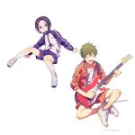  2boys akiyama_hayato black_hair blue_shorts closed_eyes electric_guitar fingernails glasses green_hair guitar hair_between_eyes idolmaster idolmaster_side-m indian_style instrument legs long_sleeves lower_teeth_only male_child male_focus map_(map_imas) multiple_boys music okamura_nao open_mouth playing_instrument purple_eyes shirt shoelaces shoes shorts sitting sleeves_rolled_up sneakers socks teeth white_background white_footwear white_shirt 