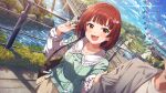  alternate_hairstyle amusement_park brown_skirt cloud cloudy_sky ferris_wheel green_sweater_vest hair_ornament happy heart heart_hair_ornament idolmaster idolmaster_million_live! idolmaster_million_live!_theater_days long_sleeves nonohara_akane official_alternate_hairstyle open_smile red_eyes red_hair river shirt short_hair skirt sky sweater_vest white_shirt 