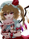  1girl :d absurdres blonde_hair bow commentary crystal doll doll_hug flandre_scarlet fumo_(doll) hat hat_ribbon highres holding holding_doll mikan_(manmarumikan) object_hug one_side_up open_mouth pink_headwear red_bow red_eyes red_ribbon remilia_scarlet ribbon simple_background smile solo teeth touhou upper_body upper_teeth_only white_background white_headwear wings wrist_cuffs 