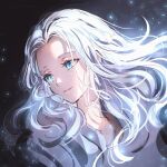  1girl blue_eyes braid crying crying_with_eyes_open final_fantasy final_fantasy_xiv floating_hair from_side grey_background half_updo happy_tears light_particles long_hair looking_to_the_side portrait single_braid sketch smile solo tears venat_(ff14) wavy_hair white_hair wild5lee 