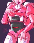  2023 absurd_res arcee autobot black_background cybertronian dumbdelvon eyes_obscured female hasbro hi_res humanoid machine metallic_body not_furry pink_body robot robot_humanoid seductive simple_background smile takara_tomy transformers 