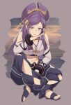  1girl absurdres bare_shoulders breasts cleavage fire_emblem fire_emblem_fates grey_background hair_bun hair_ornament hair_stick highres jewelry kaphrin large_breasts long_hair looking_at_viewer midriff navel orochi_(fire_emblem) purple_eyes purple_hair sandals simple_background smile solo 