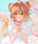  1girl :3 blue_sky brown_hair card cardcaptor_sakura chaaarity cherry_blossoms child clow_card dress floating flower green_eyes hair_between_eyes highres kero kinomoto_sakura pink_flower short_hair sky spring_(season) star_(symbol) tail white_dress wings 