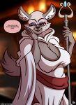 2023 5_fingers aggressive_retsuko anthro big_breasts black_nose breasts cleavage clothed clothing dialogue english_text eyewear female fingers fur glasses grey_body grey_fur haida&#039;s_mother hi_res humanoid_hands hyena inner_ear_fluff magic_user mammal nipple_outline one_eye_closed open_mouth open_smile robe sanrio signature sketchybug smile solo speech_bubble spotted_hyena staff text tongue tuft url white_clothing white_robe wink 