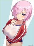  1girl alternate_costume blue_buruma blush breasts buruma collarbone commentary_request fate/grand_order fate_(series) from_above guriguri_(arayotto4351) gym_uniform hair_over_one_eye hand_on_own_chest highres jacket large_breasts looking_at_viewer mash_kyrielight pink_hair purple_eyes red_jacket shirt short_hair simple_background smile white_shirt 