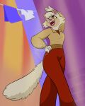  absurd_res anthro bottomwear brown_eyes cats_don&#039;t_dance clothing dancing domestic_cat felid feline felis female fur hi_res lipstick makeup mammal misspooks outside pants sawyer_(cats_don&#039;t_dance) shirt solo topwear warner_brothers white_body white_fur 