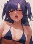  1girl absurdres bikini blue_archive blue_eyes blue_hair breasts dio_nand hair_between_eyes highres large_breasts long_hair micro_bikini simple_background steam steaming_body sweat swimsuit tongue tongue_out twintails white_background yuuka_(blue_archive) 
