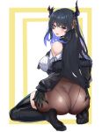  1girl absurdres ass black_hair black_horns black_thighhighs blue_hair breasts brown_pantyhose dnumde feet full_body fur-trimmed_sleeves fur_trim hair_ornament highres hololive hololive_english horns kneeling large_breasts long_hair mole mole_under_eye multicolored_hair nerissa_ravencroft no_shoes open_mouth pantyhose red_eyes soles solo tassel tassel_hair_ornament thighhighs two-tone_hair very_long_hair virtual_youtuber 