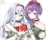  2girls apple asahina_mafuyu bare_shoulders black_choker blue_eyes bow choker commentary_request detached_sleeves food fruit gloves hair_between_eyes hair_over_shoulder hairband holding holding_food holding_fruit koro_momomo long_hair looking_at_viewer multiple_girls parted_lips ponytail project_sekai purple_eyes purple_hair red_bow simple_background upper_body white_background yoisaki_kanade 