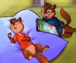  2016 5_fingers alvin_and_the_chipmunks alvin_and_the_chipmunks_(live-action) alvin_seville anthro blue_clothing blue_eyes blue_hoodie blue_topwear bottomless brother_(lore) brothers_(lore) brown_body brown_fur cellphone chipmunk claws clothed clothing digimaru duo eyes_closed featureless_crotch fingers fur glass ground_squirrel hoodie lying male mammal on_back open_mouth phone pillow red_clothing red_shirt red_topwear rodent sciurid shirt sibling_(lore) signature simon_seville sleeping toe_claws topwear 
