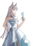  1girl alternate_costume bare_shoulders breasts champagne_flute closed_mouth criss-cross_halter cup dress drinking_glass feet_out_of_frame gold_ship_(umamusume) grey_hair halterneck hand_on_own_hip highres holding holding_cup igafujino licking_lips long_hair looking_at_viewer pink_eyes simple_background sleeveless sleeveless_dress small_breasts smile solo standing tongue tongue_out umamusume white_background white_dress 