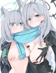  2girls ahoge animal_ear_fluff animal_ears bandaid bandaids_on_nipples black_gloves blue_archive blue_eyes blue_scarf breasts cross_hair_ornament eyes_visible_through_hair gloves green_gloves grey_hair hair_between_eyes hair_ornament halo highres large_breasts long_hair looking_at_viewer medium_breasts medium_hair mikozin multiple_girls navel pasties scarf shared_clothes shared_scarf shiroko_(blue_archive) shiroko_(terror)_(blue_archive) simple_background underwear white_background 