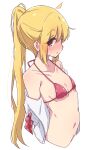  1girl bikini blonde_hair bocchi_the_rock! breasts collarbone highres ijichi_nijika long_hair looking_at_viewer mel_(melty_pot) navel red_bikini side_ponytail simple_background small_breasts solo swimsuit white_background 