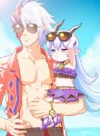  1boy 1girl :&lt; adjusting_eyewear alternate_costume bikini black_male_swimwear blue_sky burn_scar carrying child_carry closed_mouth cloud collared_shirt commentary_request eyewear_on_head fingernails frilled_bikini frills full_body grey_horns hair_between_eyes hell_(ragnarok_masters) horizon jewelry jormungandr_(ragnarok_masters) long_bangs long_hair looking_afar male_swimwear medium_bangs miyan_(shamigame) necklace ocean open_clothes open_shirt pectorals pointy_ears purple_bikini purple_hair ragnarok_masters ragnarok_online red_shirt scar scar_on_face shirt short_hair signature sky sunglasses swimsuit upper_body very_long_hair white_hair 