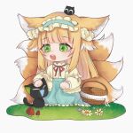  1girl absurdres animal_ear_fluff animal_ears arknights basket black_cat blonde_hair blue_hairband blue_skirt blunt_bangs cardigan cat chibi chinese_commentary commentary creature_on_head crossover fox_ears fox_girl fox_tail frilled_hairband frills green_eyes hair_ornament hair_scrunchie hairband heixiu high-waist_skirt highres keiii kitsune kyuubi long_sleeves luo_xiaohei luo_xiaohei_zhanji multicolored_hair multiple_tails neck_ribbon official_alternate_costume on_head open_cardigan open_clothes open_mouth puffy_long_sleeves puffy_sleeves red_ribbon ribbon scrunchie seiza shirt sitting skirt suzuran_(arknights) suzuran_(spring_praise)_(arknights) tail teeth two-tone_hair upper_teeth_only white_hair yellow_cardigan yellow_shirt 