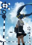  1girl bag black_socks blue_hair blue_sky boom_barrier cloud commentary_request cumulonimbus_cloud facing_away feet_out_of_frame floating_hair from_behind hair_ornament hatsune_miku highres kneehighs long_hair noranucoo outdoors pleated_skirt railroad_crossing railroad_signal sailor_collar school_bag school_uniform serafuku short_sleeves shoujo_rei_(vocaloid) skirt sky socks solo twintails very_long_hair vocaloid white_sailor_collar white_serafuku 