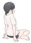  1girl 1ssakawaguchi absurdres bare_legs barefoot black_hair black_shorts blue_eyes breasts closed_mouth cowlick dolphin_shorts from_behind highres light_blush looking_afar medium_hair nape original ponytail shirt short_ponytail short_sleeves shorts sidelocks simple_background sitting small_breasts solo t-shirt toes wariza white_background white_shirt 