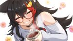  ^_^ animal_ears black_hair blush clenched_teeth closed_eyes coffee commentary cup highres holding holding_cup hololive long_hair long_sleeves micon ookami_mio red_hair shirt steam symbol-only_commentary teeth virtual_youtuber white_shirt wolf_ears 