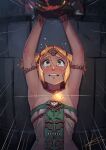  1girl bare_shoulders blonde_hair blush dress eltonel ganondorf green_dress green_eyes hair_ornament highres jewelry necklace pointy_ears princess_zelda restrained scared short_hair tears the_legend_of_zelda the_legend_of_zelda:_tears_of_the_kingdom white_dress 