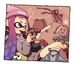  1boy 3girls ^^^ agent_3_(splatoon_3) agent_4_(splatoon) agent_8_(splatoon) animal_ear_headwear beanie big_man_(splatoon) black_hairband black_scarf black_shorts black_vest blush_stickers boots border brown_footwear buttons chocolate creature crossed_legs dark-skinned_female dark_skin eating fang food fur_trim gift green_jacket grey_hoodie hairband hat heart holding holding_chocolate holding_creature holding_food hood hood_down hoodie inkling inkling_girl jacket long_sleeves looking_ahead mouth_hold multiple_girls no_pupils notice_lines octoling octoling_girl open_mouth orange_background outstretched_arms pink_eyes pink_hair pink_headwear pointy_ears potsupo red_hair red_ribbon ribbon ribbon-trimmed_vest scarf shirt shorts sitting smallfry_(splatoon) smile splatoon_(series) splatoon_3 stingray sweatdrop sweater_jacket tentacle_hair throwing v-shaped_eyebrows vest white_border white_shirt 