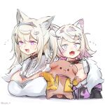  3girls :3 animal_ears animalization blonde_hair blue_eyes blue_hair blush bone_hair_ornament braid breasts brown_hair cleavage collar dog dog_ears dog_girl dog_tail fur_trim fuwawa_abyssgard hair_ornament hairband hairclip highres hololive hololive_english ikayaki_(artist) inugami_korone inugami_korone_(dog) jacket large_breasts long_hair looking_at_viewer mococo_abyssgard multicolored_hair multiple_girls pink_eyes pink_hair short_hair siblings sisters streaked_hair tail tongue tongue_out twin_braids twins upper_body virtual_youtuber yellow_jacket 