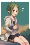  1girl ahoge black_shorts elf flying_sweatdrops green_hair highres hood hooded_jacket jacket mushoku_tensei orange_eyes outdoors pointy_ears shirt short_hair shorts sitting sitting_on_rock solo sylphiette_(mushoku_tensei) tarako_jun white_jacket white_shirt 