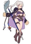  1girl bikini black_coat boots breasts brown_eyes coat do_m_kaeru fire_emblem fire_emblem_awakening fire_emblem_heroes fish full_body gloves holding holding_polearm holding_trident holding_weapon leather leather_belt leather_boots leather_gloves long_coat looking_to_the_side medium_breasts official_alternate_costume polearm purple_bikini robin_(female)_(fire_emblem) robin_(female)_(summer)_(fire_emblem) robin_(fire_emblem) solo swimsuit trident twintails weapon white_background 