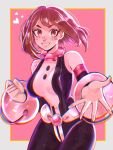  1girl artist_name blush bodysuit boku_no_hero_academia border breasts brown_eyes brown_hair double-parted_bangs grey_border heart highres large_breasts looking_at_viewer multicolored_bodysuit multicolored_clothes pink_background ruinique short_hair smile solo teeth uraraka_ochako white_bodysuit yellow_border 