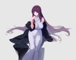  1girl black_robe breasts commentary covered_navel dress fern_(sousou_no_frieren) highres huge_breasts long_dress long_hair looking_at_viewer olys purple_eyes purple_hair robe sitting sleeveless sleeveless_dress solo sousou_no_frieren very_long_hair white_dress 