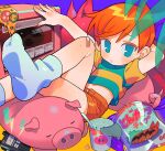  1boy absurdres bandage_on_knee blue_eyes child commentary commentary_request food genderswap genderswap_(ftm) highres indoors kumatora looking_at_viewer lying male_child male_focus mi_(33tb) mother_(game) navel on_back pig pizza red_hair shirt shorts socks solo striped striped_shirt stuffed_animal stuffed_toy 