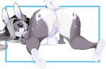  absurd_res anthro ass_up big_breasts big_butt black_hair blue_eyes breasts butt female fur grey_body grey_fur hair hi_res highlights_(coloring) jessica_reiki lagomorph leporid looking_back mammal markyanv_(artist) piercing presenting rabbit smile solo 