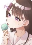  1girl brown_hair choppy_bangs food hair_behind_ear highres holding_ice_cream_cone ice_cream long_hair looking_ahead mint mitora_nao original parted_lips purple_eyes sailor_collar shirt simple_background solo sweat tongue tongue_out upper_body white_background white_sailor_collar white_shirt 